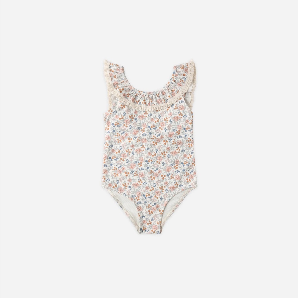 Rylee + Cru Cream Floral Ruffle One-Piece Swimsuit
